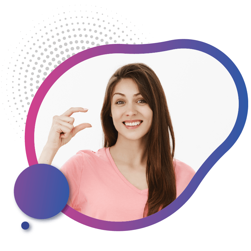 A women wearing a pink shirt makes a pinching gesture with their hand, indicating a small size, abstract background, symbolizing the great value and flexibility of eSIM technology in Australia.
