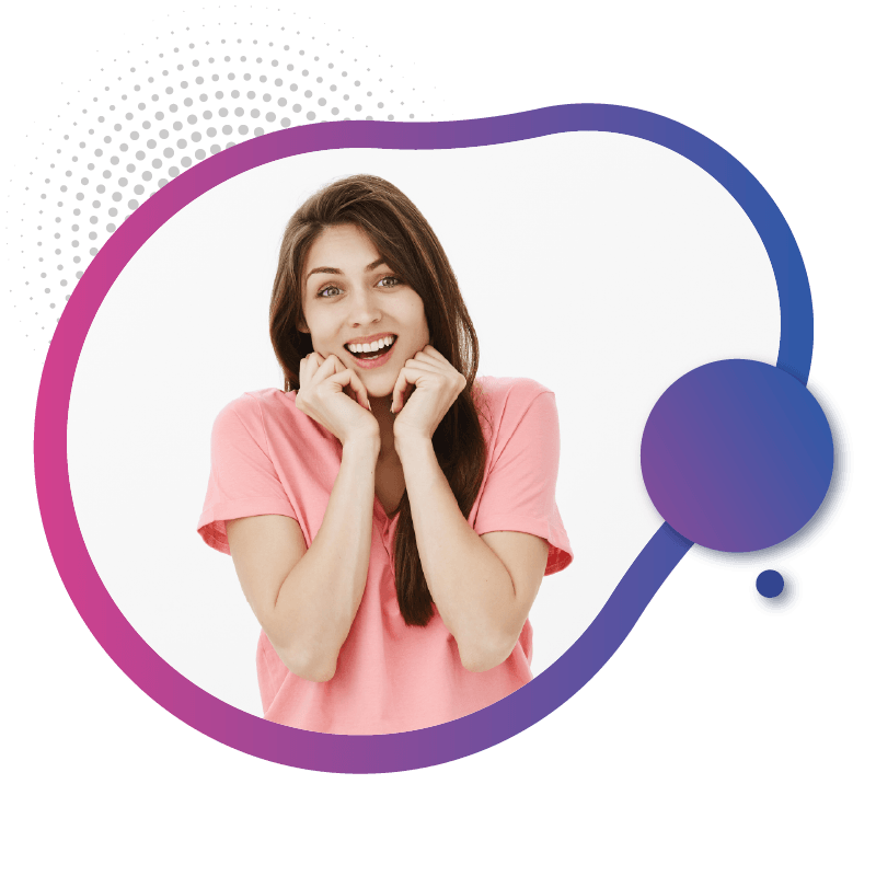 A women in a pink shirt holds their hands to their face, expressing shock or surprise, set against a vibrant, decorative background, symbolizing the simplicity and convenience of eSIM technology for seamless travel connectivity in Australia