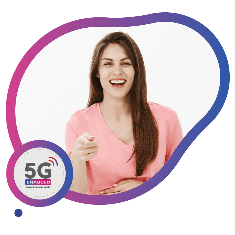 A woman in a pink shirt gestures confidently, promoting a 5G-enabled service with a circular logo in the corner, symbolizing the fast and reliable global connectivity offered by eSIM technology in Australia.